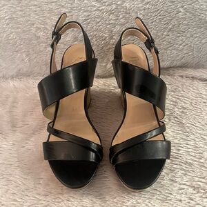 Black Strappy Women's Corked Wedge Sandals, EUC, Size 8
